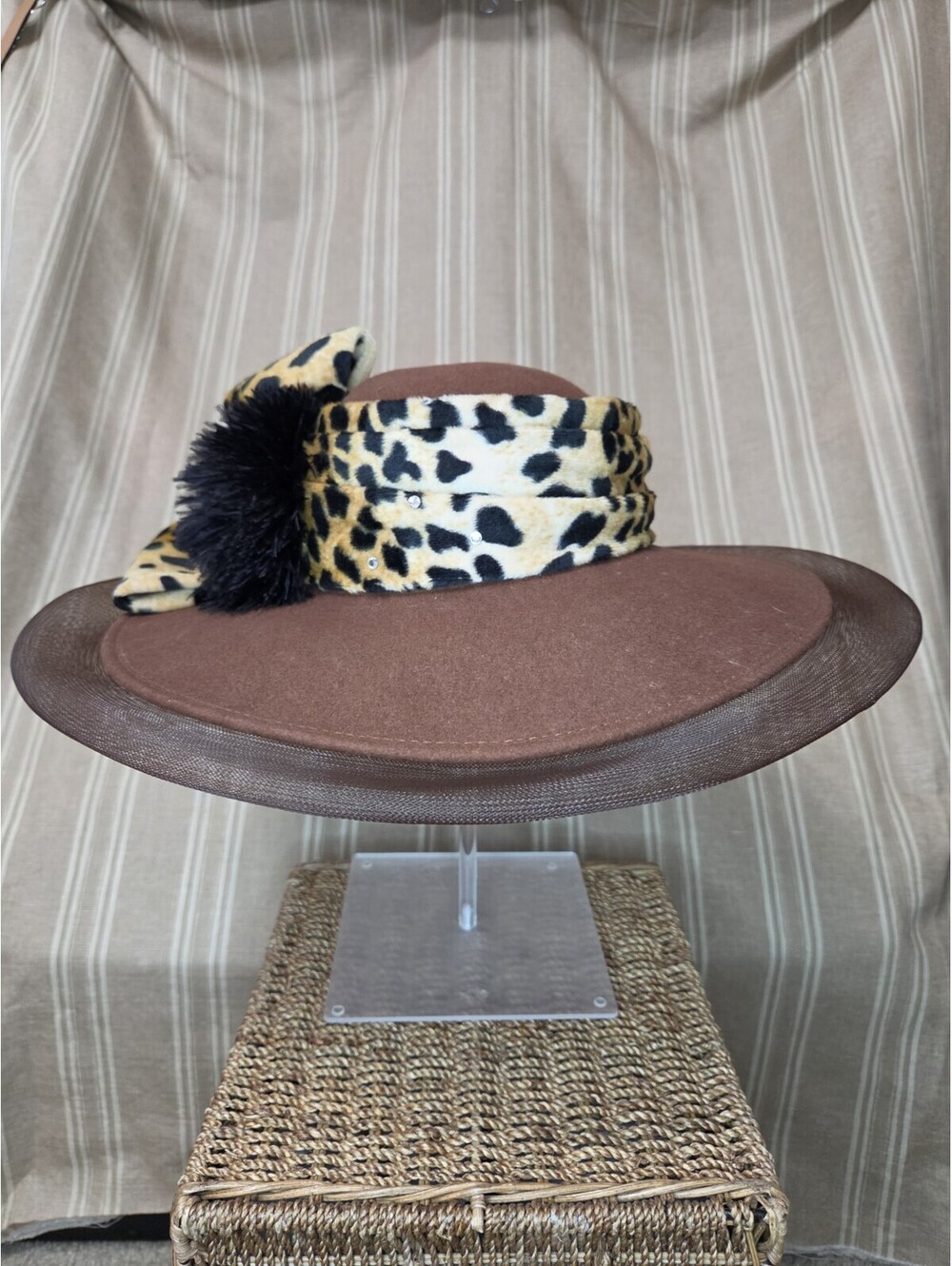 Vintage Brown Wool HAT leopard-print band,  rhinestones, black Feather pom-pom